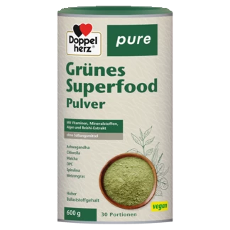 Abbildung der Produktverpackung Doppelherz pure Grünes Superfood Pulver Frontansicht